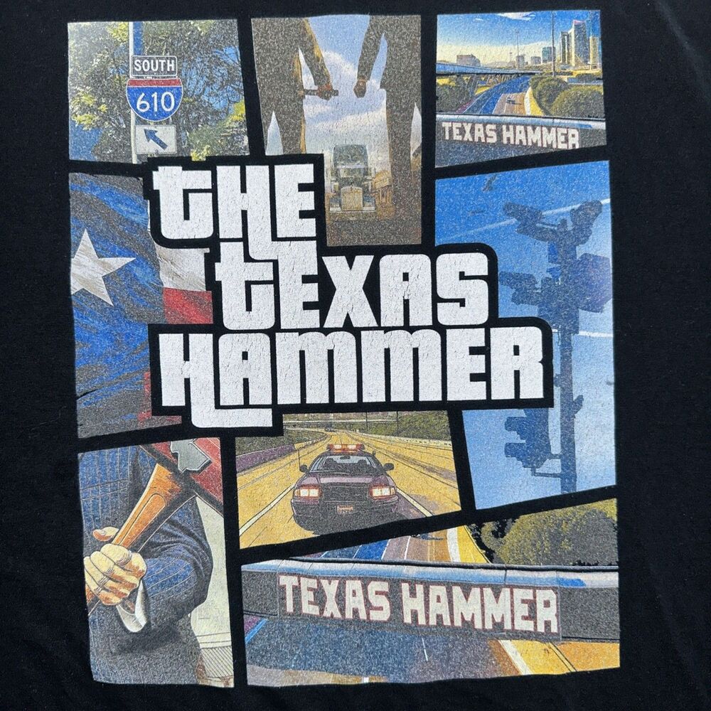 Custom Houston Texas Hammer GTA Graphic Tee I-610 Size XL Black Rockstar Parody - Picture 3 of 8